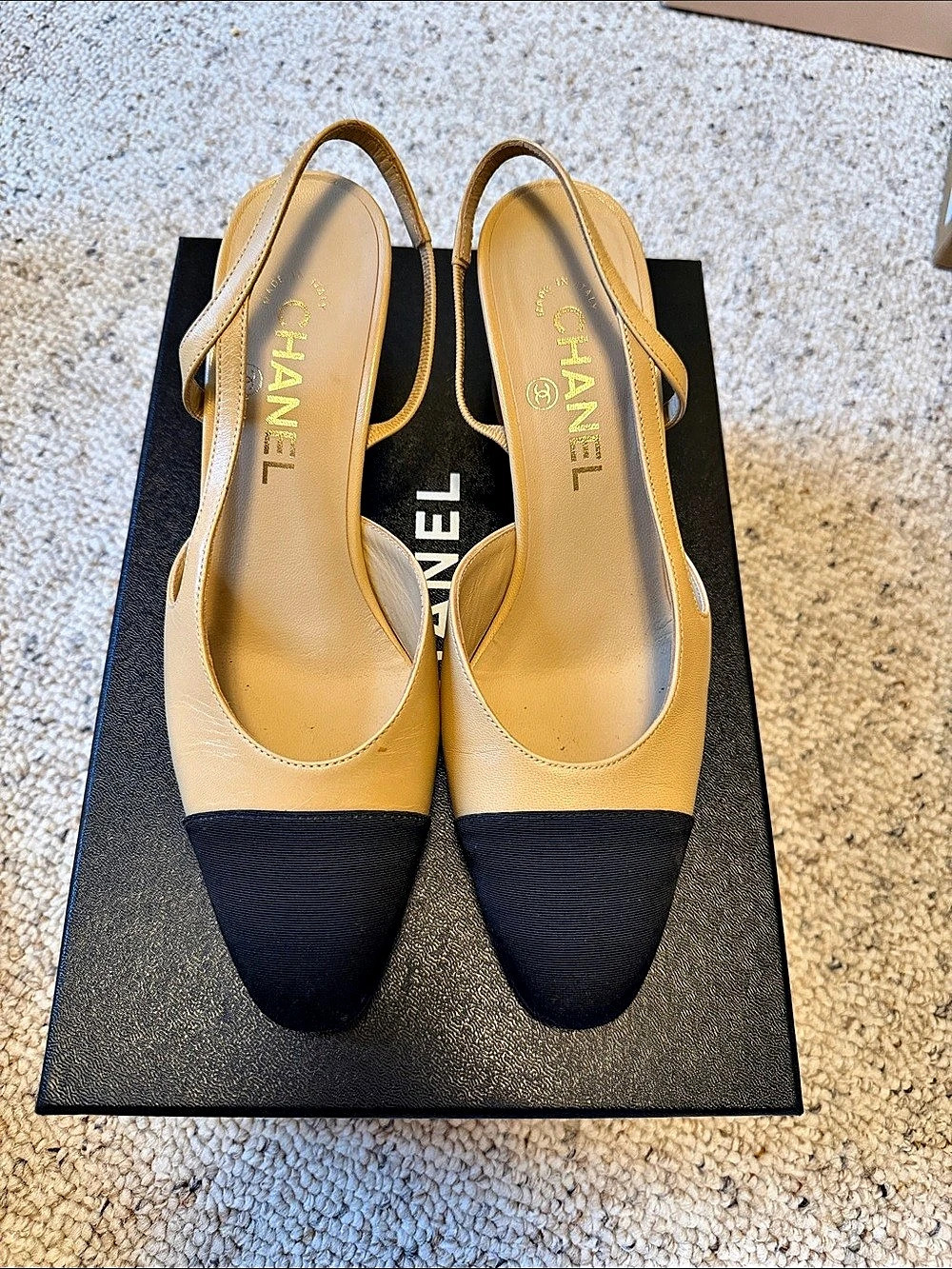Chanel Goatskin & Grosgrain Cap-Toe Slingback Block Heel Pumps Tan & Black EU 38